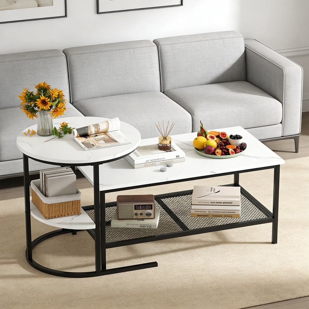 Coffee Table 2-Tier Rectangle Coffee Table And Side End Table With Storage Shelves_voghion.com
